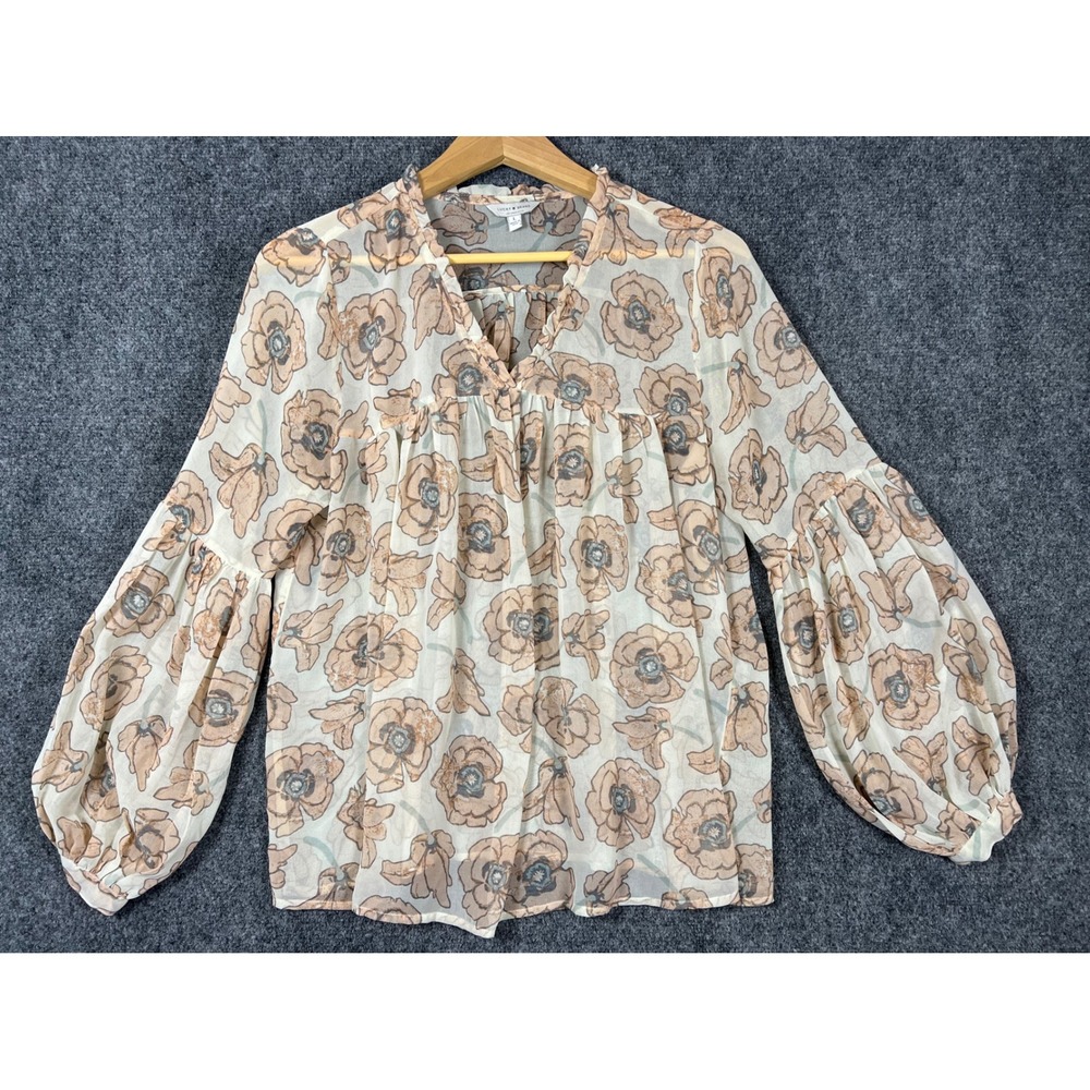 Lucky Brand Womens Large Floral Poppy Print Balloon Sleeve Peasant Blouse Cream
